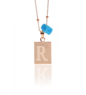 Silver Letter R and Turquoise Stone Ball Chain Necklace