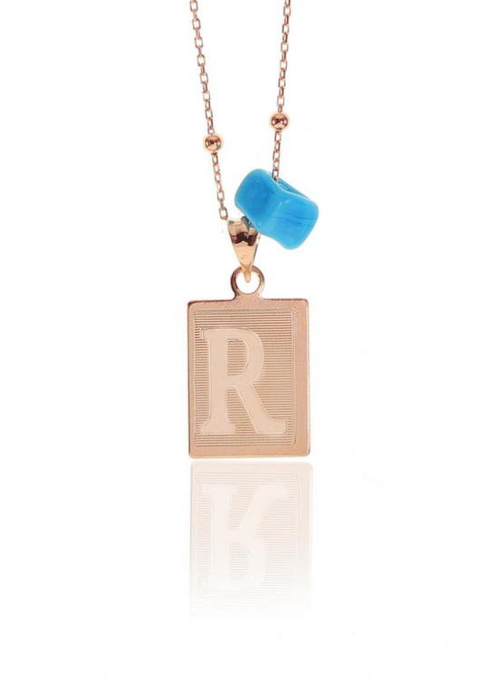 Silver Letter R and Turquoise Stone Ball Chain Necklace