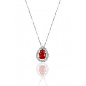 Sterling Silver Rhodiumed Red Stone Drop Model Necklace
