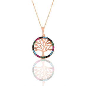 Sterling Silver Rose Frame Tree of Life Necklace with Colorful Stones