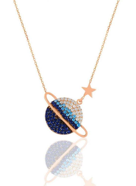 Sterling Silver Rose Blue and Zircon Stone Planet Necklace