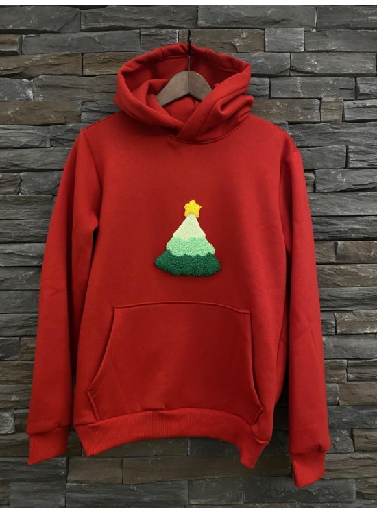 Noel Ağacı Kapişonlu Kırmızı Sweatshirt Punch